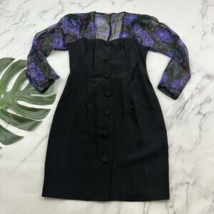 Hearts Womens Vintage 90s Mini Dress Size S Black Purple Sheer Puff Sleeve